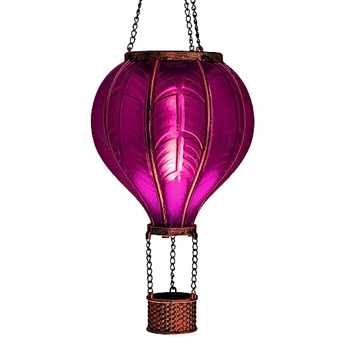 LED Solar Heißluftballon mit Flammeneffekt Beleuchtung | Lampion mit 20 warm-weißen Lichter | Gartenlaterne zum hängen | inkl. Metallkette | Gesamthöhe ca. 40 5 cm (Lila)