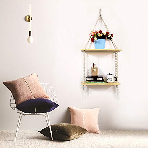 Image of VAH- Kya Bat Hai !! Macrame Wall Hanging, Real Pine Wood Storage Shelves Wall Shelf (2 Layer)