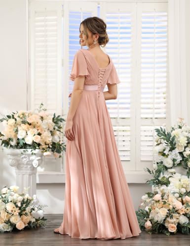 Short Sleeve Bridesmaid Dress for Women V Neck Long Formal Evening Dress with Pocket AU1492