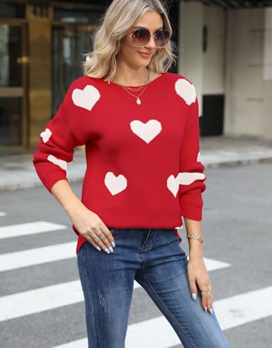 Image of Womens Cute Heart Sweater Crew Neck Long Sleeve Pullover Valentines Sweater