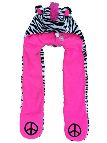Girls Reversible Plush Black & White Zebra Print Trapper Hat with Attached Scarf