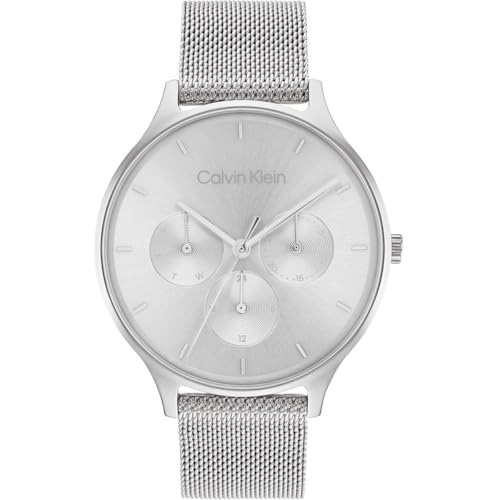 Calvin Klein Multi Zifferblatt Quarz Uhr für Damen mit Silbernes Edelstahl-Mesh-Gliederarmband - 25200104