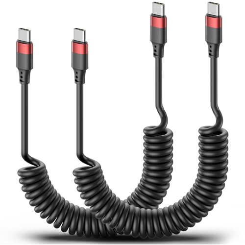 Coiled USB C à USB C Câble, 2 Cord de jeu de voiture Tepy C rétractable, enroulé USBC Câble automatique Android pour Galaxy S24/S23/S22, iPhone 15/16, Pixel 8, Une Plus 12, Moto G8 et CarPlay