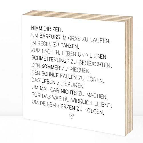 Wunderpixel® Holzbild Nimm Dir Zeit - 15x15x2cm zum Hinstellen/Aufhängen, echter Fotodruck mit Spruch auf Holz - schwarz-weißes Wand-Bild Aufsteller Zuhause Büro zur Dekoration oder als Geschenk-Idee