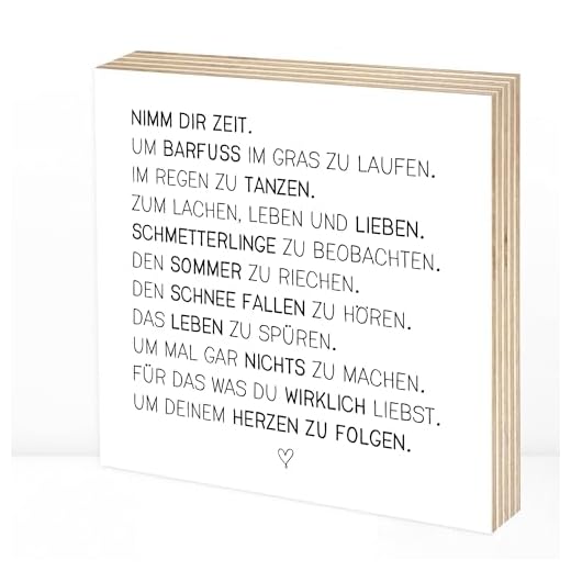 Wunderpixel® Holzbild Nimm Dir Zeit - 15x15x2cm zum Hinstellen/Aufhängen, echter Fotodruck mit Spruch auf Holz - schwarz-weißes Wand-Bild Aufsteller Zuhause Büro zur Dekoration oder als Geschenk-Idee