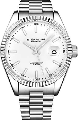 Stuhrling Original Watches for Men - Lineage Analog Dress Watch Mens Quartz Watch Watch Stainless Steel Bracelet Wrist Watch Luminous Hands and Markers - Mens Watch Collection (Silver White)