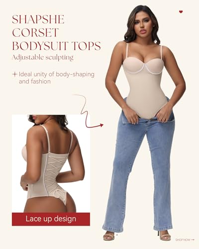 Image of SHAPSHE Strapless Shapewear Corset Bodysuit Tops for Women Tummy Control V Neck Thong Body Shaper Going Out Outfits