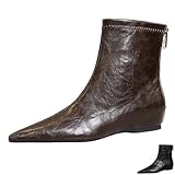 Women's Leather Stitching Details Invisible Wedge Ankle Booties Retro Handmade Pointed Toe Invisible Height Increasing Back Zippers Flat Dress Short Boots for Work Walking (Brown,8.5,8.5)