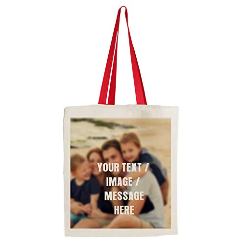 Personalised with your own Text/Image/Any Name themed Tote Bag-Natural Cotton Shopping Bag. (Red Handle)