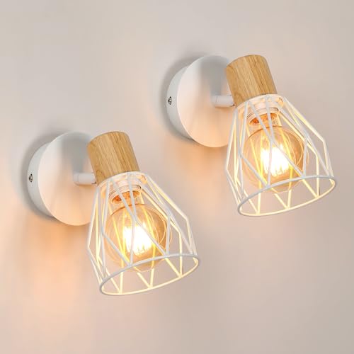 Comely 2 Stück Wandleuchte Innen Vintage, Wandlampe Industrial aus Metall und Holz mit E27 Fassung, 350° Drehbare Weiße Wandbeleuchtung für Schlafzimmer Wohnzimmer Flur Treppenhaus