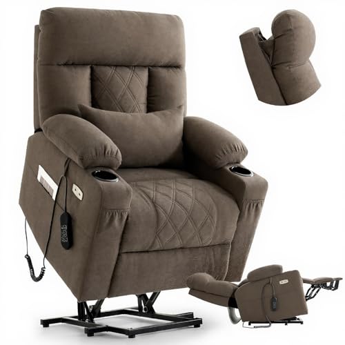Image of BEDHOURS Tri-Motor Power Lift Recliner Chair for Elderly, Zero Gravity Infinite Position Lay Flat Lift Chair w /Adjustable Headrest & Lumbar, Vibration Massage & Heat, Cup Holders, Brown
