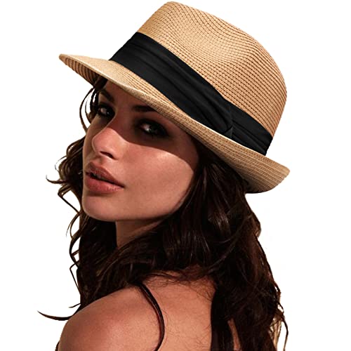 DRESHOW Women Straw Sun Hat Short Brim Panama Travel Fedora Summer Hat Roll Up Beach Cap for Women UPF 50+