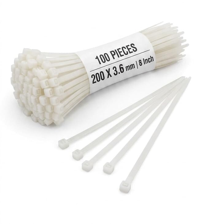 Cable Ties, 200 X 3.6 mm, 8" inch White (Pack of 100) Heavy Duty Nylon Zip Tie, Self Locking, UV Resistant, For Indoor & Outdoor Use.-image-30