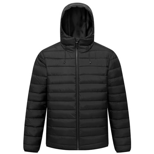 Image of Men's Lightweight Puffer Hooded Jacket Water Resistant Full Zip Insulated Warm Winter Coats