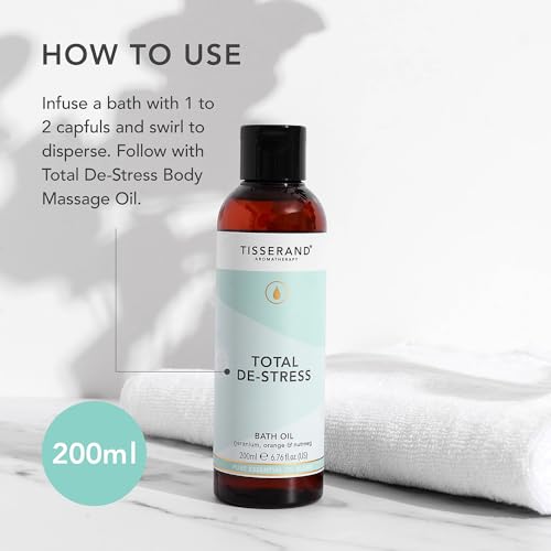 Tisserand Aromatherapie Anti-Stress-Badöl, 200 ml mit beruhigender Orange, ausgleichender Geranie und wärmenden Muskatnuss