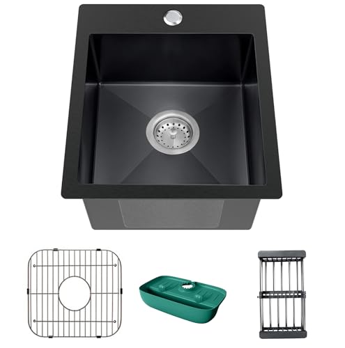 Black Kitchen Sink Stainless Steel Drop In 15x17x9 Inch Single Bowl Topmount Kitchen And Bar Sink Combo-Stainless Grid Drain Basket Faucet Mat Drain Strainer Set for Modern Style Kitchen&Bar