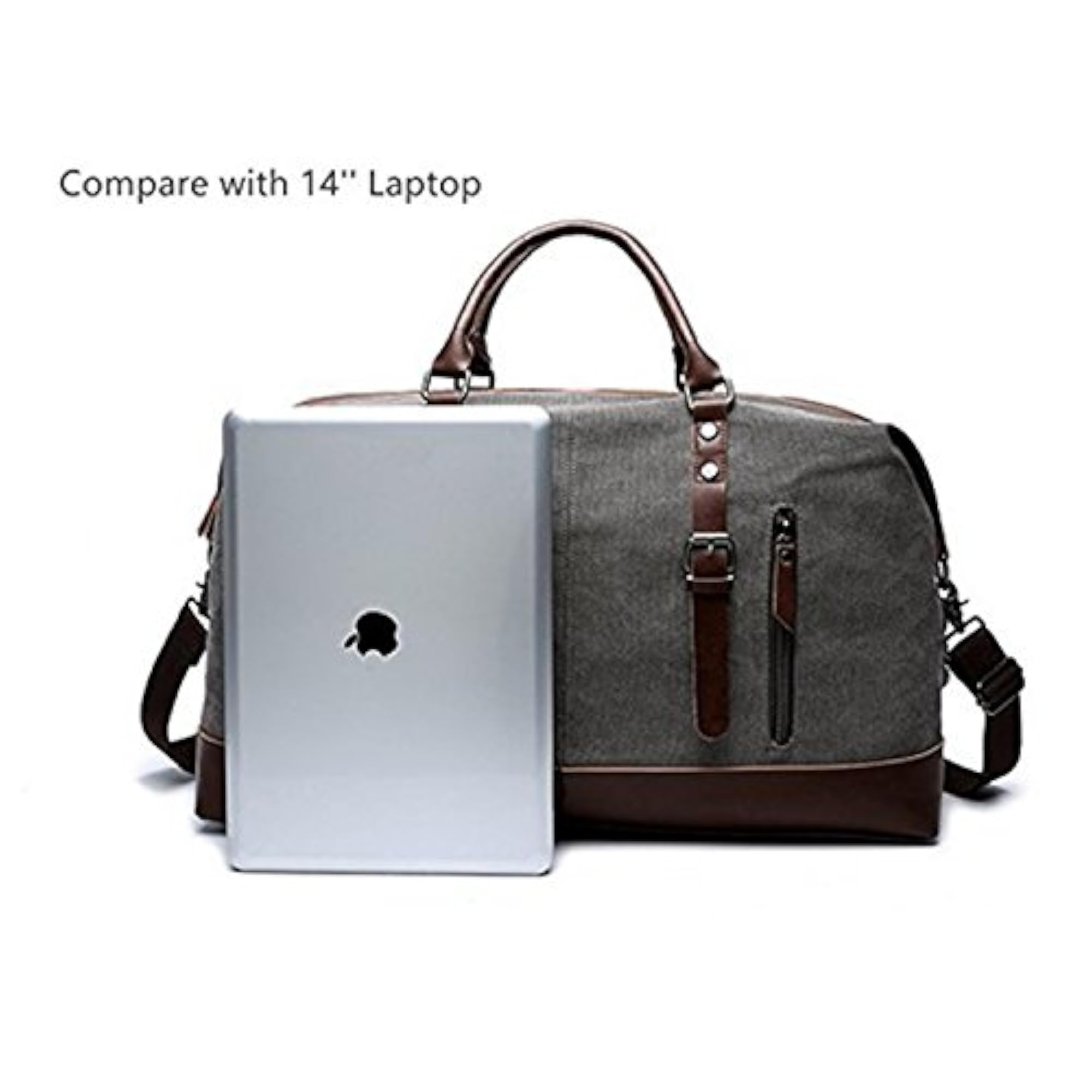 Classic Large Grey Canvas Genuine Leather Trim Travel Tote