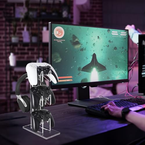 FYY Game Controller Holder 3 Tiers - Universal Dual Controller Stand Headphone Holder, Acrylic Clear Controller Display Stand Compatible with Nintendo Switch Xbox PS5 PS4, Desk Mounts for Controller - Image 3