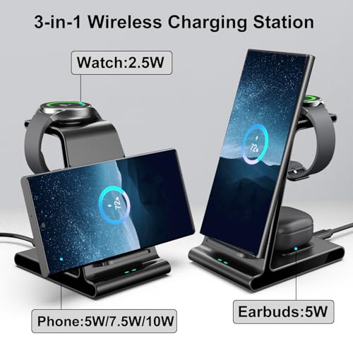 Image of Phelinta Wireless Charger for Samsung S25 Ultra, Charging Station for S25 /S24 Ultra /S24+ /S24 /S23 /S22 /Note 20 /Z Flip 6 /Fold 6, for Galaxy Watch Ultra /7 /6 /5, Galaxy Buds 2 Pro /Pro (No Adapter), Black