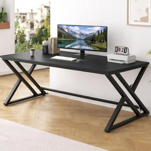 Image of Modern Industrial Computer Desk | Extra Long, Home Office Study Writing Table | Wooden Workstation with Metal Frame | Executive Gaming Desk | Black | 160x80x75 cm
