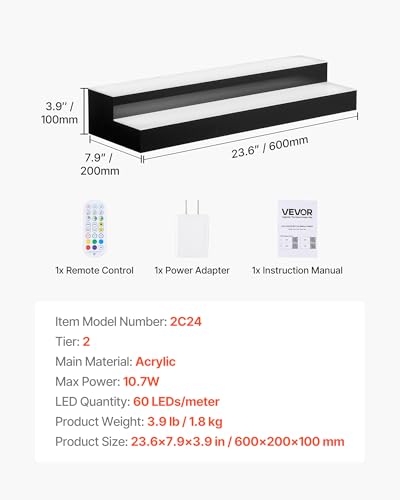 Image of VEVOR LED Lighted Liquor Bottle Display, 2 Tiers 24 inches, Supports USB, Acrylic Illuminated Home Bar Shelf Display with RF Remote & App Control, 9 Static Colors, Timing Mode, for 12-16 Bottles