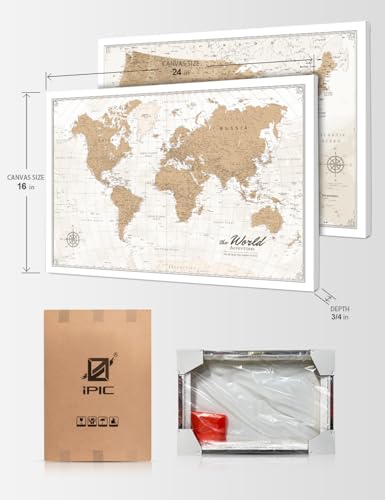 Image of IPIC - Vintage World Map & USA Map Canvas Wall Art Set of 2, Travel Art Prints for Office, Home, Study and RV, Push Pin Board Decor for Travel Lovers, Ready to Hang