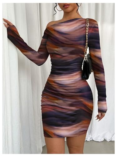 Image of RoseSeek Women's Off Shoulder Ombre Tie Dye Bodycon Dress Long Sleeve Slim Fit Pencil Mini Dresses