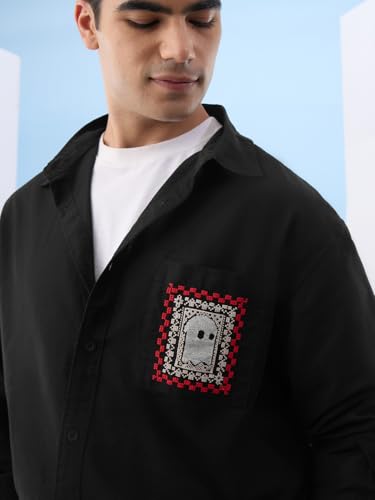 Image of The Souled Store Relaxed Shirt: Souled Original Men and Boys Long Sleeves Collared Neck Button Front Black Embroidered Relaxed Fit Cotton Linen Shirts