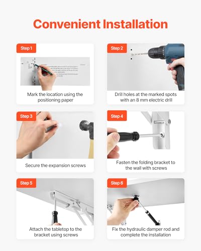 Image of VEVOR Wall Mounted Folding Table, 35.4 x 19.7 inches Wall Mount Table, Floating Desk with Iron Bracket for Small Spaces, Home Office, Dining, Laundry Room, Kitchen, Bar, White