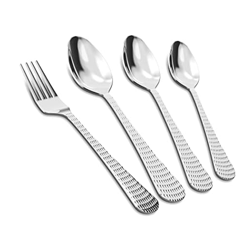 AXIOM Cutlery Set of 24 Pieces Stainless Steel Premium Silverware (6 Dessert Spoon, 6 Dessert Fork, 6 Tea Spoon, 6 Baby Spoon) Hammered Flatware Utensil for Multi-Purpose Usage and Various Sizes