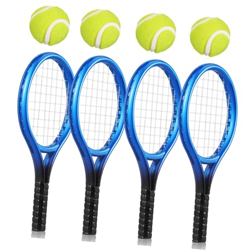 DECOMELODY 4 juegos Mini Set de Tenis Unidades Azul Raquetas y Pelotas Miniatura para Llavero Accesorios para Casas de Muñecas Decoración Deportiva Portátil y Regalo para Aficionados al