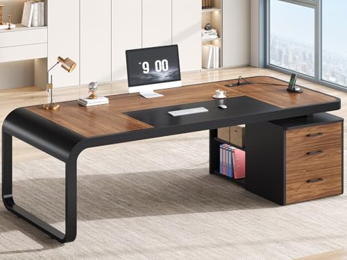 Image of Itaar 70.9 inch Executive Desk, Large Computer Desk with Drawers and Lateral File Cabinet, Office Desk with Removable Shelves, Business Furniture Desk Workstation for Home Office, Brown