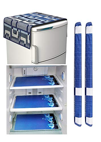 Factcore Premium Quality Combo of Exclusive Decorative Kitchen Combo Fridge Top Cover, Fridge Handle Covers + 3 Fridge Mats (Blue, 6 Piece Set)