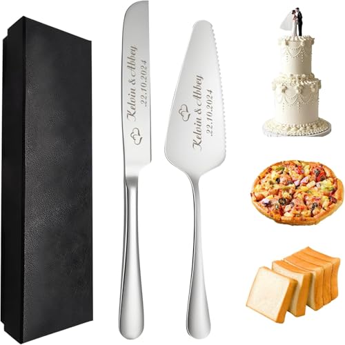 Custom Names Cake Cutting Set with Stainless Steel Forks,Personalized Wedding Cake 𝙆𝙣𝙞𝙛𝙚 and Server Set,Gift for Anniversary, Birthday (Silver)