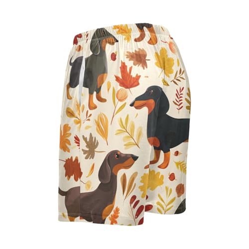 Autumn Leaves Dachshund Print Pajama Bottom Shorts for Men Soft Casual Sleep Lounge Shorts with Pockets S-XXL3