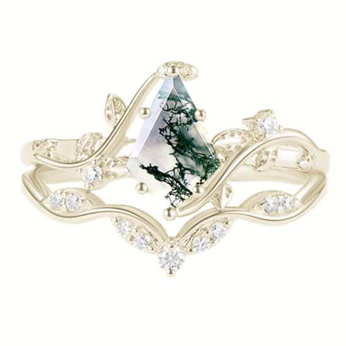 Natural Moss Agate Ring Set for Women with Moissanite 1CT Center Kite Cut Natural Moss Agate Wedding Ring Set Leaf Engagement Ring Set 925 Sterling Silver 10K 14K 18K Gold3