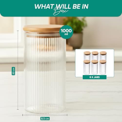 Image of amazon basics Set of 6 Large Fluted Glass Jars with Airtight Bamboo Lids | 1000ml Decorative Storage for Flour Cookies Dry Fruits | Premium Kitchen Canisters BPA-Free