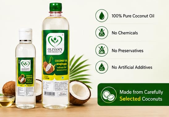 Image of OLIYANS Cold Pressed Coconut Oil Combo Pack (100ml + 1L) | Natural Oil for Hair, Skin & Cooking | Total 1.1L