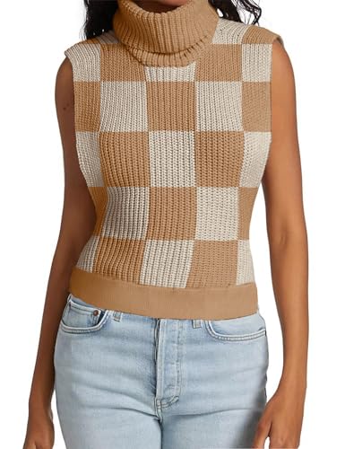 Image of Womens Sleeveless Sweater Vest Turtleneck Ribbed Knit Tank Tops Basic Slim Fit Top, Small, Plaid Khaki
