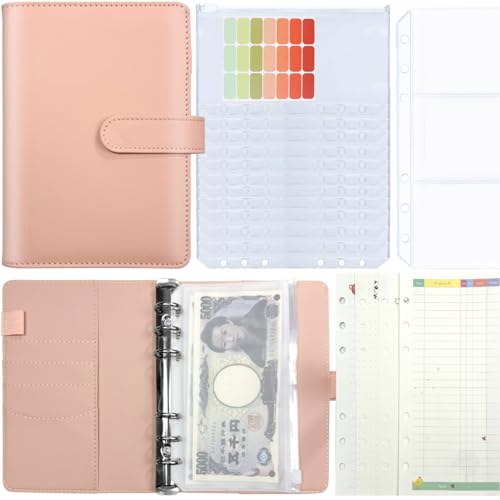 SYOUGO お金管理ポーチ お金わけるファイル 12枚ファスナ現金封筒 3枚カード収納ファイル PU A6 6穴 貯金バインダー 現金管理 グッズ システム手帳 メモ帳用 ピンク