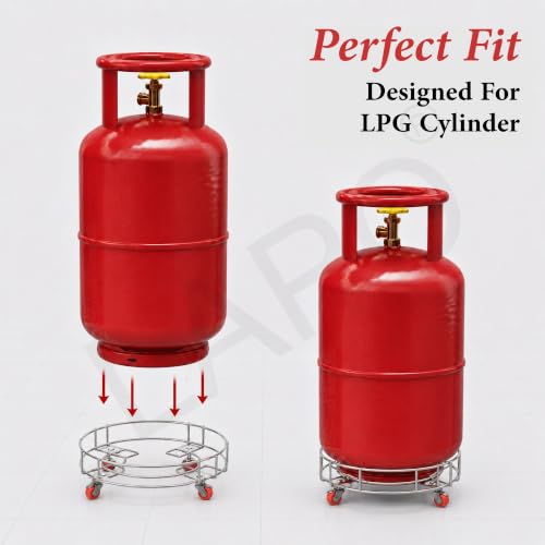 Image of LAPO Gas Cylinder Stand with Wheels for Kitchen, Heavy Duty LPG Gas Bottle Trolley Stand for Easy Moving, Strong Floor Standing Cylinder Holder Base for Home Kitchen Use-Chrome