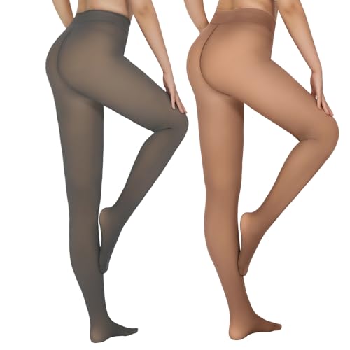 Image of X-CHENG 2 Pairs Fleece Lined Tights Women-Thermal Pantyhose leggings Women,Fake Translucent Skin Colored Tights for Winter