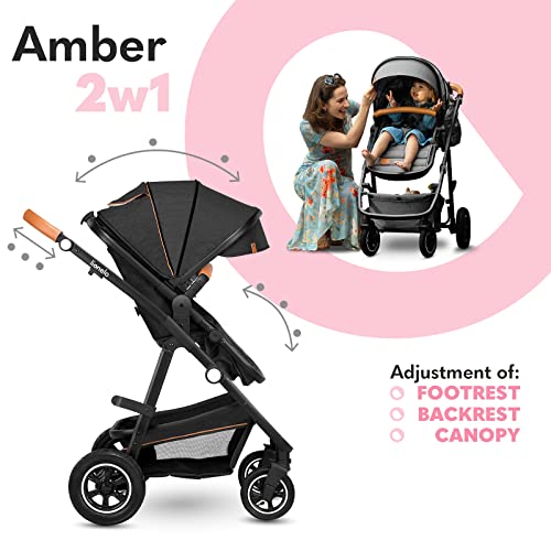 LIONELO Amber Kinderwagen 2 in 1 Kombikinderwagen, Kinderwagen Set mit sportlichen Sitz und fester Babywanne, Tasche, Moskitonetz, Abdeckung Regenblatt (Graphit)