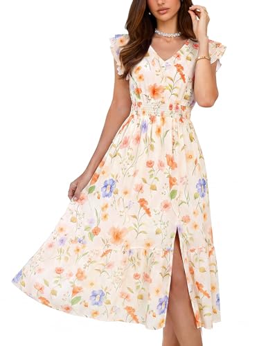 Image of GRACE KARIN 2026 Womens Summer Dresses V Neck Ruffle Sleeve Floral Boho Beach Dress A-Line Swing Midi Wedding Guest Sundress