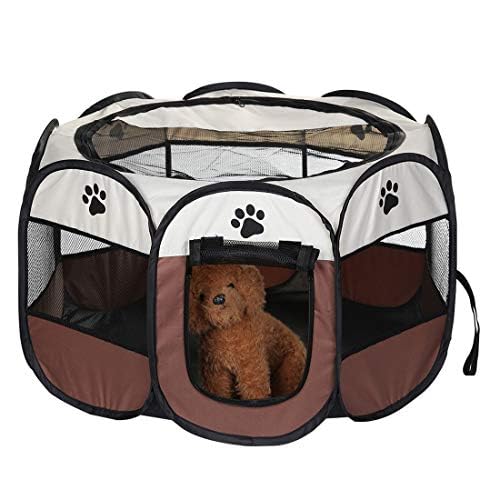 Holdfiturn Foldable Pet Playpen Dog Cat Playpen Soft Fabric Portable Foldable Puppy Run Cage Pet Kennel Indoor Outdoor Use 91 x 91 x 58cm Brown