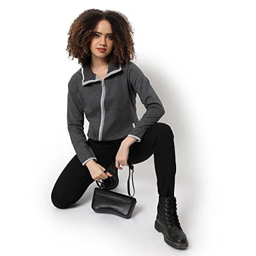 Image of Campus Sutra Women cotton Premium Zipper Hoodie-Grey