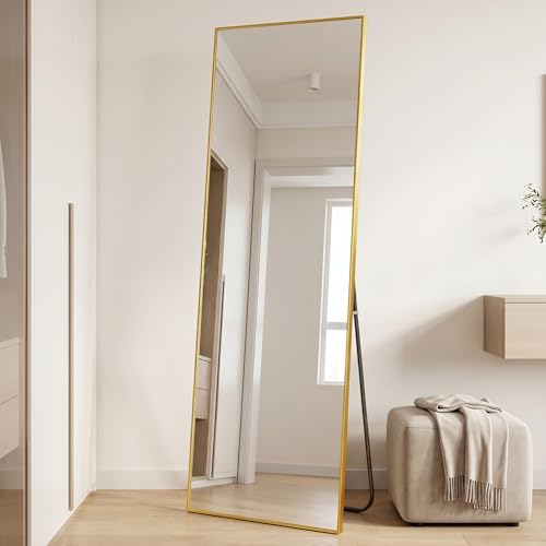 Image of BEAUTYPEAK Full Length Mirror, 58 inchx14 inch Standing Hanging or Leaning Against Wall Floor Mirrors Body Dressing Wall-Mounted for Living Room, Bedroom with Aluminum Alloy Thin Frame, Gold