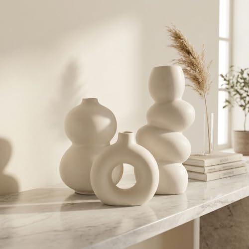 Image of Modern Ceramic Vase Set of 3 | Nordic Minimalist Donut & Abstract Bubble Design Flower Vases | Matte White Home Decor for Living Room, Table, Shelf, Office | Pampas & Dried Flower Vase