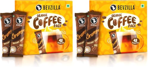 Image of Bevzilla 48 Instant Coffee Powder Sachets (Orange) - 96 Grams | Makes 48 Cups|Arabica Coffee| Easy To Carry| Best For Espresso, Latte, Cappuccino|Enjoy Hot & Cold Coffee (Pack of 2)