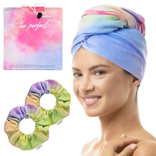 THE PERFECT HAIRCARE Microfiber Hair Towel Wrap + 2 Smooth Large Hair Drying Tie for Wet Hair - Anti-Frizz, Gentle, Absorbent Hair Scrunchies or Face Washing Wristband